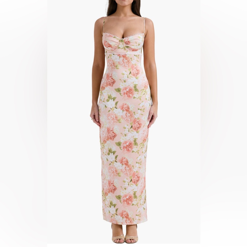 HOUSE OF CB Josefina Floral Bustier Bodice Stretch Satin Body-Con Dress